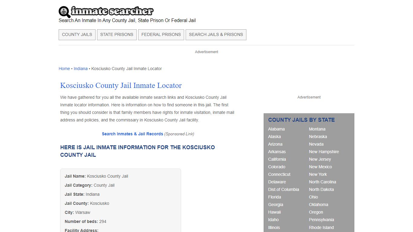 Kosciusko County Jail Inmate Locator - Inmate Searcher